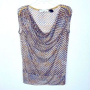 Charles Nolan Silk Checkered Sheer Blouse Draped Neck Small Mustard Blue White